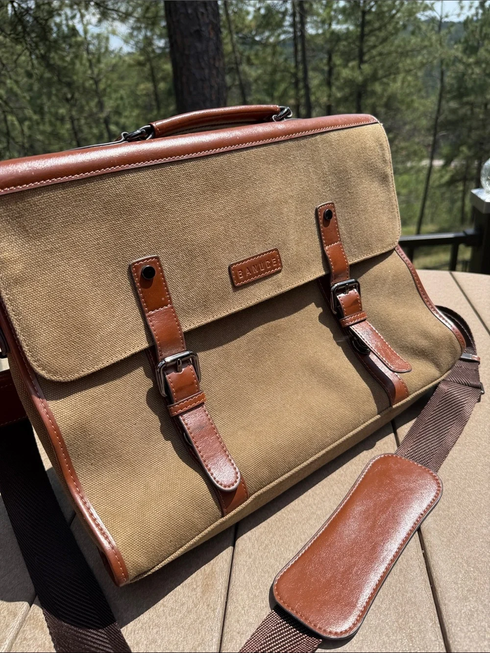 Canvas Messenger Bag with Leather-like Trim - Brown